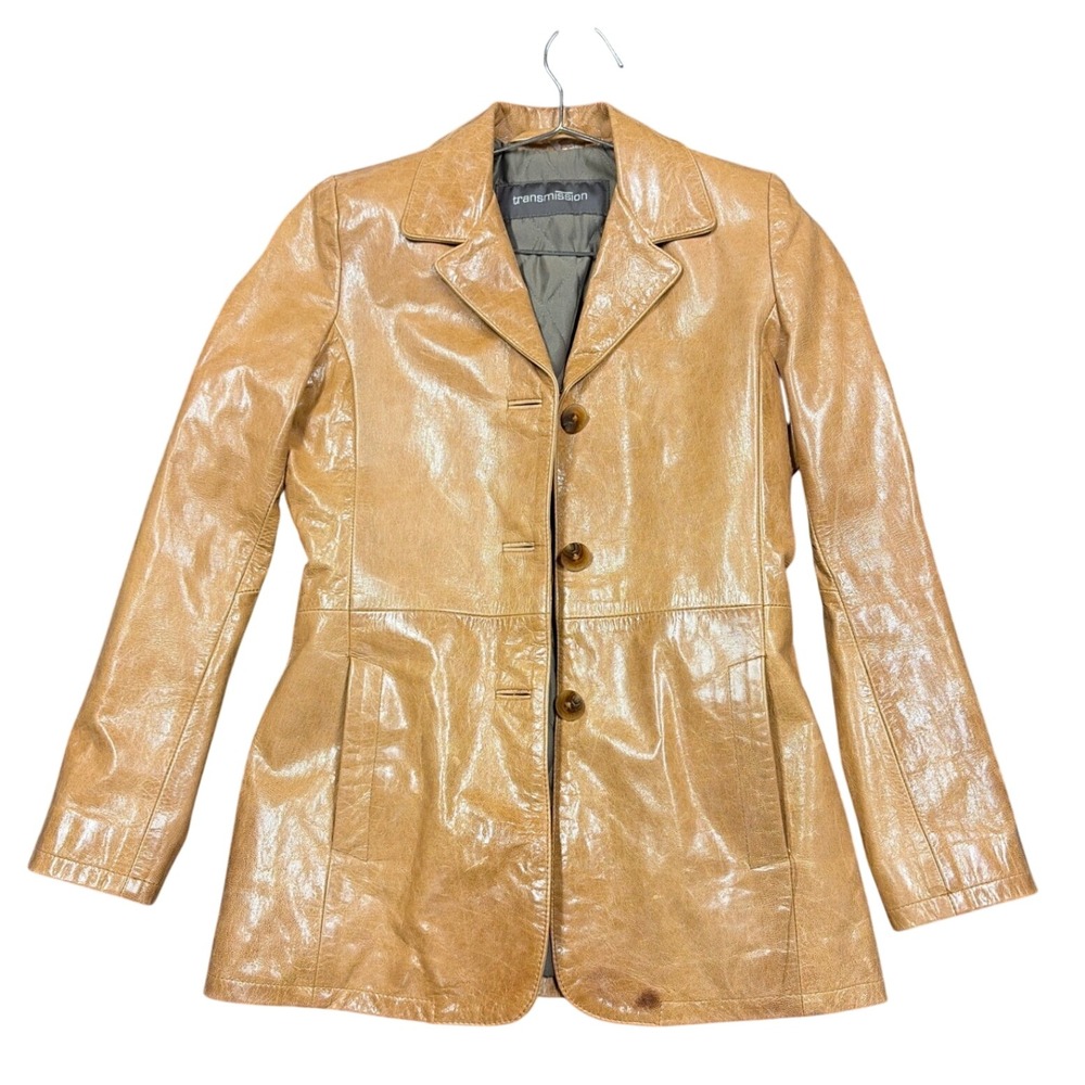 Vintage Transmission Leather Jacket Womens XS Tan Camel Button Up Blazer Y2K